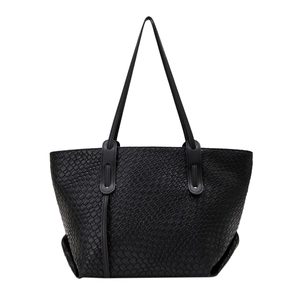 Large black woven tote bag with classic leather texture and double shoulder straps