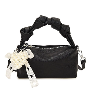 Black litchi leather dumpling bag with pearl heart bow and cloud handles for women