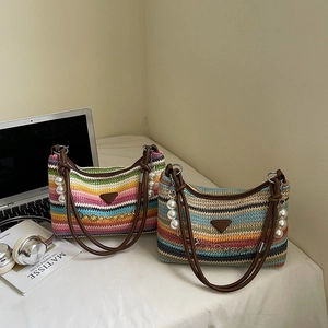 Striped Woven Shoulder Bag Large Capacity Summer Beach Vacation Straw Tote With Artificial Pearl Charm For Women Fashion