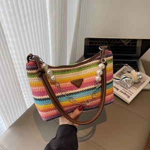 Colorful striped woven shoulder bag with pearl chain strap and brown leather label