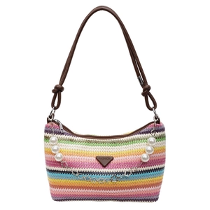 Colorful striped straw shoulder bag with leather triangle patch and pearl charm detail