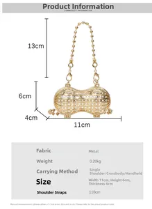 Detail of peanut-shaped mini evening bag with rhinestone crystals and ball chain strap