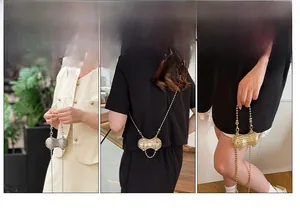 Peanut-shaped mini bag with pearl texture and metal chain shown in various styles