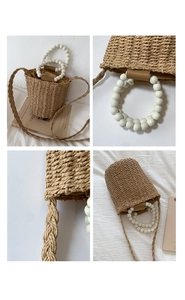 Detailed views of handmade woven bucket bag with white wooden bead handle and strap