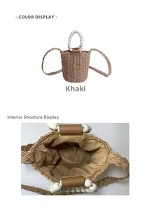 Detail view of khaki woven straw bucket bag with white bead handle and fabric lining