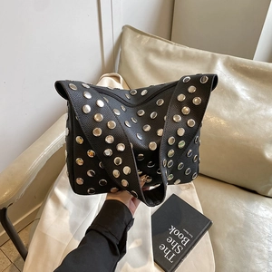 Punk black rivet underarm bag with lychee texture leather and silver studs