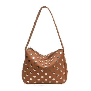 Brown rivet motorcycle shoulder bag in lychee pattern faux leather with silver studs