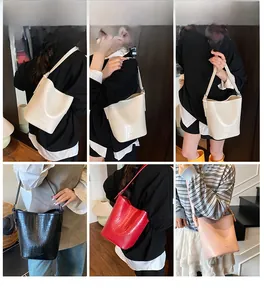 Multiple views of large crocodile pattern bucket bags in four stylish colors