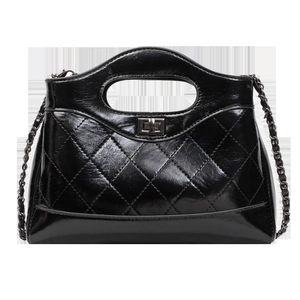 Classic black quilted leather handbag with round handle and gold chain strap