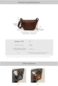 Detail view of stylish PU leather chest bag with dimensions and metal chain strap specs