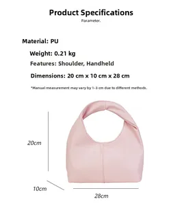 Pink PU cloud bag details showing 20x10x28cm size and dual shoulder or hand carry functions