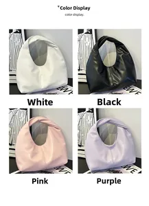 Collage of four minimalist half-moon PU leather handbags in white, black, pink and purple
