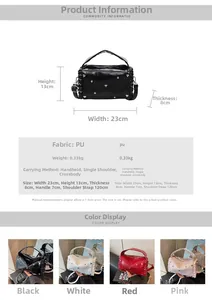 Detailed size specifications and color options for heart studded boston style handbag