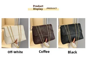 Detailed comparison of woven texture chain bags in cream, brown, and black finishes