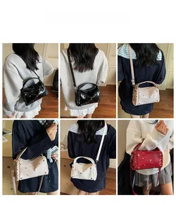 Collage of model showcasing casual crossbody bags with pleated edges and heart rivets