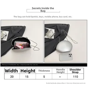 Size chart for oval acrylic clutch showing dimensions 20x15x5cm with metal chain details