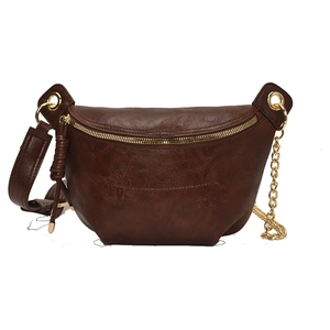 Retro dark brown crossbody bag with gold chain and vintage faux leather texture