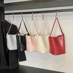 Bucket Bag And Inner Pouch Croc-Embossed PU Leather Large Capacity Retro Casual Shoulder Crossbody Bag For Women