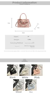 Detailed view of women's bow bag showing 22x15x8cm dimensions and five color options