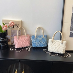 Mini Sac À Bandoulière Pour Enfants Denim Franges Motif Losange Sac À Main Avec Poignée En Corde Chaîne En Perles Métal