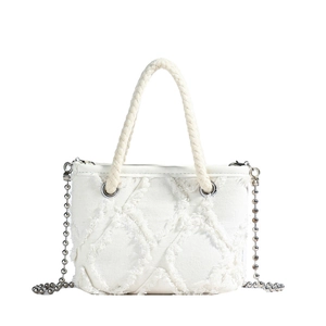 Petit sac rond blanc à franges pour enfants avec poignée tissée et chaîne argent