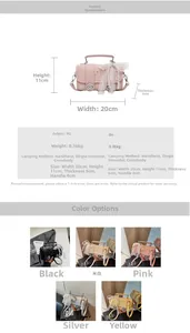 Detailed size chart and multi-color view of a stylish PU crossbody bag with lace bow