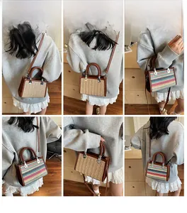 Detail shots of woven straw crossbody bags in natural and rainbow striped patterns