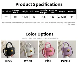 Size guide for half-moon PU leather bag showing dimensions and four color options