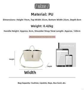 Size chart showing PU leather tote bag dimensions 33x19x8cm with capacity comparison