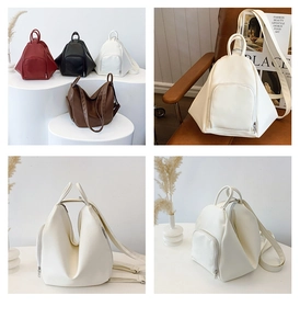 Detail view of multi-color geometric PU leather backpacks with fine texture and zip pockets