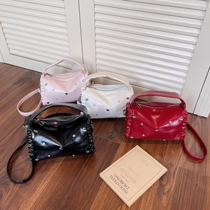 Women Boston Bag Shiny PU Leather Heart Rivet Rhinestone Decor Ruffle Pleated Side Crossbody Shoulder Handbag For Ladies