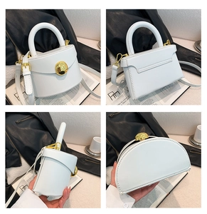 Detailed views of a white leather handbag featuring a large round gold metal buckle
