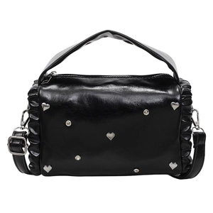 Versatile black PU handbag with silver heart studs and sparkling rhinestone accents