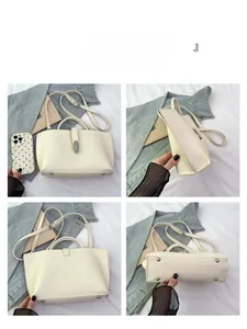 Detailed views of cream lychee texture tote bag with metal buckle and bottom rivets
