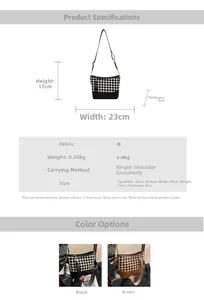 Size chart showing checkerboard bucket bag dimensions 23cm width and 17cm height
