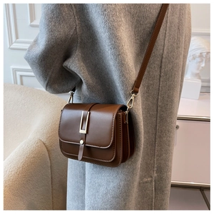 Close-up of brown crossbody bag with gold metal clasp and accordion side structure