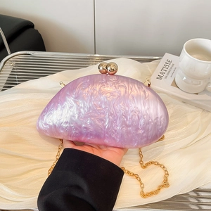 Elegant purple marble acrylic clutch bag with gold sphere clasp and fine chain strap