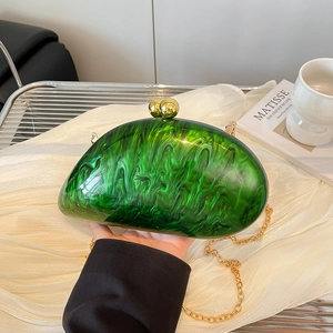 Emerald green marble acrylic evening clutch bag with gold sphere clasp and chain
