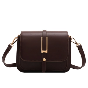 Classic dark brown leather rectangular crossbody bag with golden U-shaped buckle closure