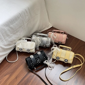 Women Handbag PU Leather Rhinestone Lace Bow Artificial Pearl Decor Elegant Shoulder Crossbody Bag Sweet Lady Style Cylindrical