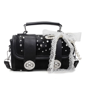 Black leather shoulder bag with lace bow, pearl charm and crystal rhinestones