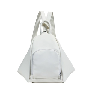 Minimalist white triangle backpack in lychee texture PU leather with silver hardware