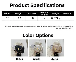 Size chart showing quilted chain bag dimensions 23x16x8cm and black white khaki options