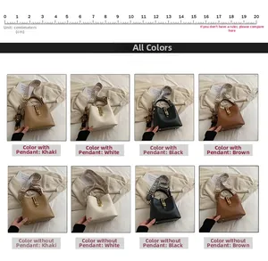 Detailed grid of bucket bags in khaki white black brown with wide geometric straps