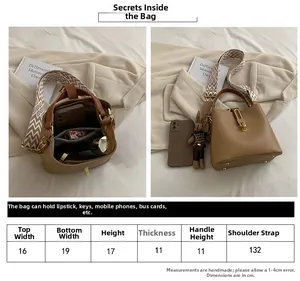 Detailed size chart for the solid color PU leather bucket bag with dimensions in cm