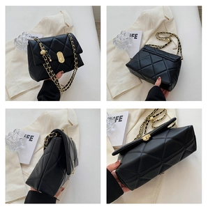Detailed four-way view of quilted leather chain bag with golden adjustable ball and lock