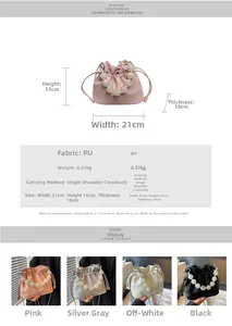 Detail view of beaded handle bucket bag with dimensions and available colors