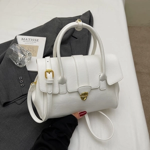 Elegant white leather crossbody briefcase with golden metal clasp for chic women style