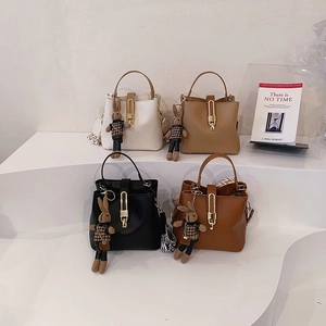 PU Leather Bucket Bag For Women Fashion Shoulder Crossbody Handbag With Geometric Wide Strap And Rabbit Pendant