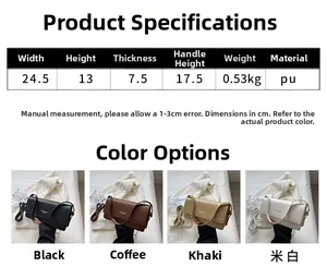 Detailed size chart and multi-color view of minimalist PU leather baguette shoulder bag